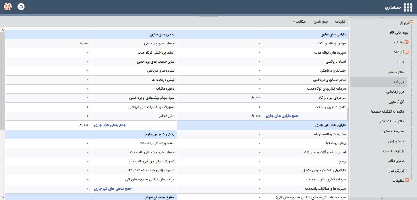 ترازنامه در نرم افزار حسابداری